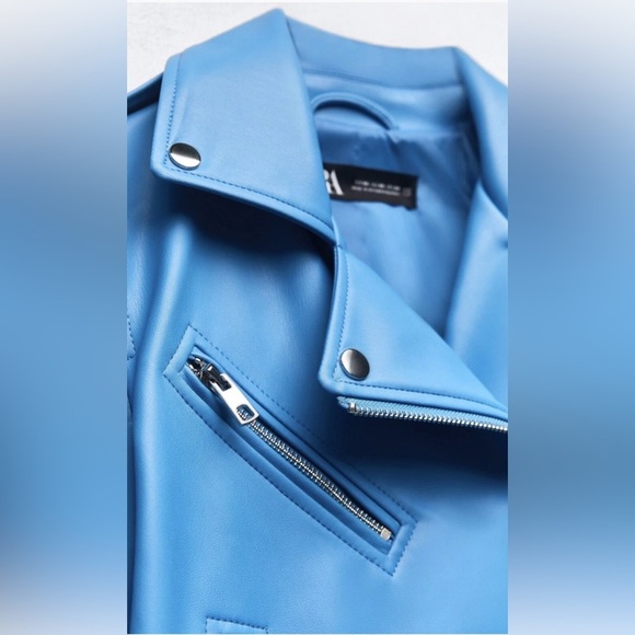 BNWT  Zara Faux Leather Blue Moto Jacket - Size Small - Picture 5 of 9